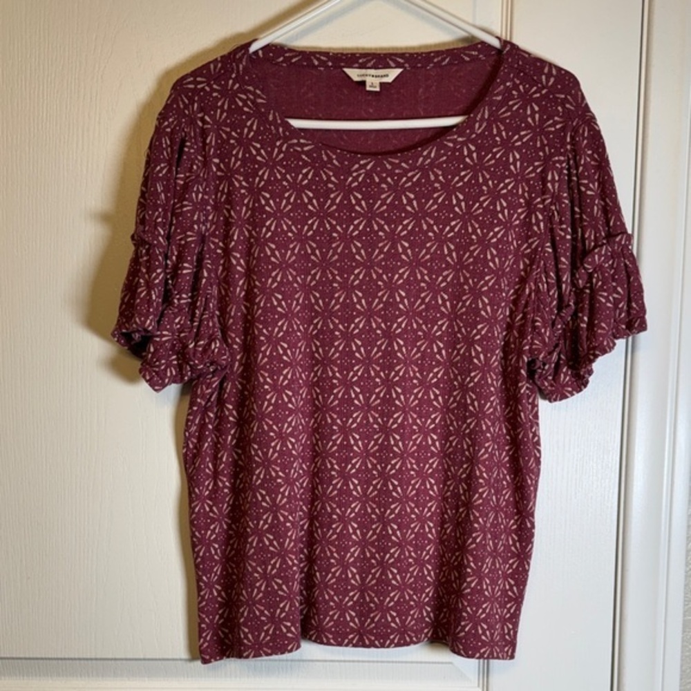 Lucky Brand Red Tan Scoop Neck Shirt Blouse Size Large EUC #2230